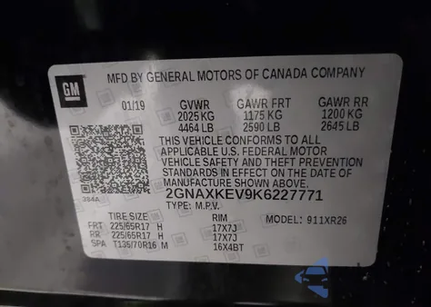 2019 Chevrolet Equinox Lt z USA, uszkodzony, nr VIN 2GNAXKEV9K6227771